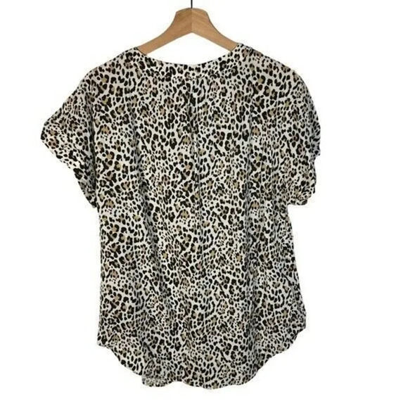 Gap White & Brown Leopard Print V-Neck Short Sleeve Blouse M - Picture 2 of 3